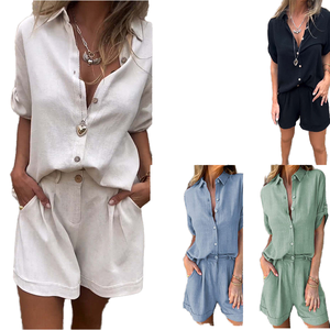 Ensemble deux pièces décontracté en lin pour femme, chemise à manches courtes et short, couleur unie, coupe ample, col rabattu, écologique, respirant, printemps - Product Image 1