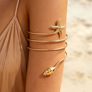 Gold Plated Starfish Shell <b>Cuff</b> Bracelet With Pearl Women's Bohemia Style Adjustable <b>Arm</b> Band Jewelry - Product Image 1