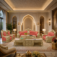 Ensemble de canapés Majlis arabes de luxe, canapé en cuir en bois massif doré sculpté à la main avec table basse en marbre pour villa et palais