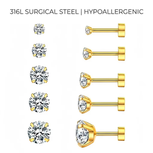 Pendientes de Acero Inoxidable con Circonita Cúbica, Hipoalergénicos, de Acero Quirúrgico, Diseño Plano para Perforaciones de Cartílago, para Mujer - Product Image 2