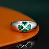 Bague dôme épaisse personnalisable en argent sterling 925 plaqué rhodium, motif trèfle à quatre feuilles vert nano, pour femme