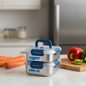 Set di 2 Contenitori per Alimenti in Acciaio Inox con Coperchi Blu, Chiusura Ermetica per Uso in Frigorifero - Product Image 2