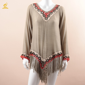 Europe et les états-unis nouvelle main crochet couture frange jupe de plage lâche crème solaire Blouse col en v femmes couvrir robe - Product Image 1