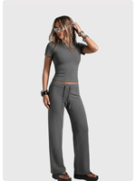 Ensemble de survêtement décontracté 2 pièces pour femme, personnalisé, vente en gros, collection printemps, t-shirt à manches courtes et pantalon large à cordon de serrage