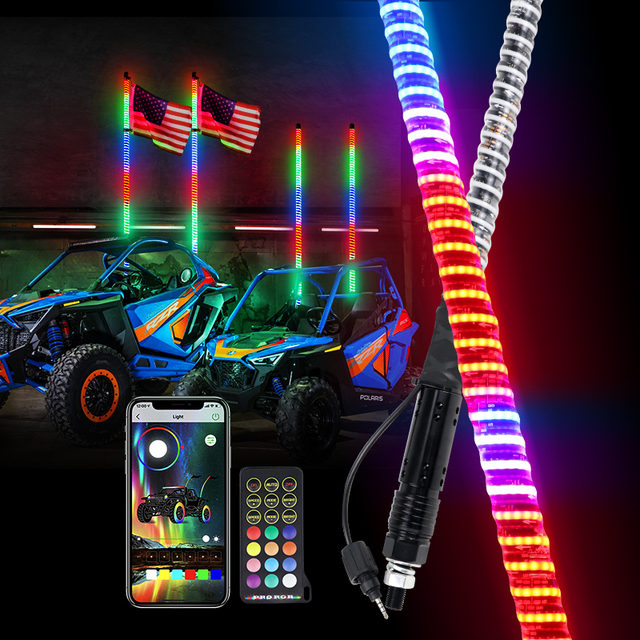 2PCS 2FT 3FT 4FT COB LED Whip Lights With App & Remote Control for UTV ATV SXS Can-Am X3 Defender Maverick & Polaris RZR