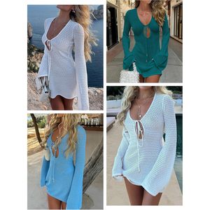 Traje de baño de ganchillo para mujer, vestido de playa de punto de malla con cuello en V y manga larga, ajustado, talla XS, ropa de verano para vacaciones - Product Image 2
