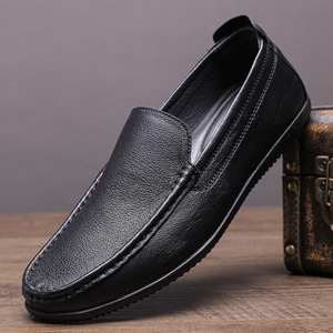 Mocassins pour hommes en cuir véritable souple, bout rond, semelle en caoutchouc, chaussures décontractées toutes saisons - Product Image 1