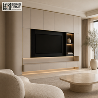 Meuble TV moderne de luxe léger en bois massif, unité murale TV arrondie avec centre de rangement multimédia gris champagne pour villa OEM