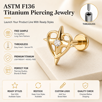 Kaishee Heart 16G Piercing sans filetage en titane à dos plat, bijou corporel en zircone pour cartilage d'oreille, Medusa, piercing de lèvre, stud