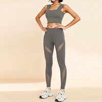 Ensemble de yoga sexy en maille respirante 2 pièces pour femme – Leggings taille haute et haut à col rond, anti-plis, extensible dans les quatre sens