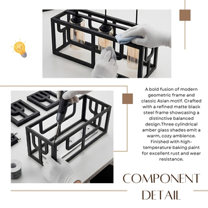 New Oriental Modern Matte Black Geometric Metal Frame 3 Light Linear <b>Pendant</b> Light Amber Glass 3000K/6000K Color Temp for - Product Image 3