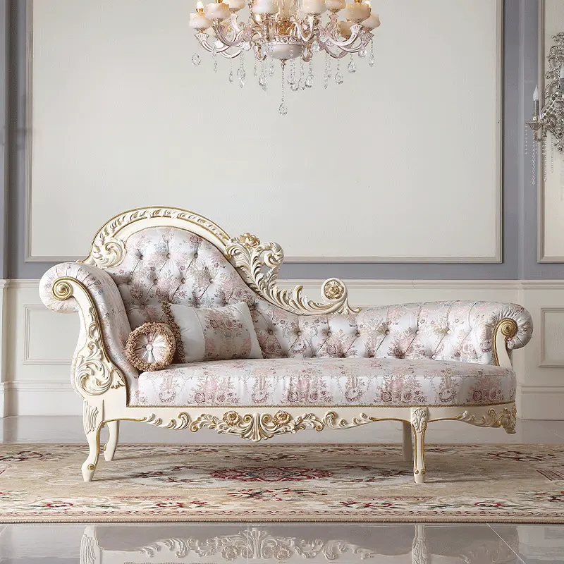 Diseño tallado a mano de estilo francés con hoja de oro, esponja de alta densidad, chaise lounge clásico suave