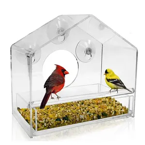 Clear Acrylic Large Window Bird Feeder with Sliding Feed Tray Weather and Squirrel Proof Glass Mount Seed Holder