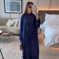 İslami Giyim Kadın 3 Parça Ev Giyim Seti Moda Günlük Düz Renk Hırka Üst Pantolon Takımı Jersey Müslüman Kadın Abaya Seti