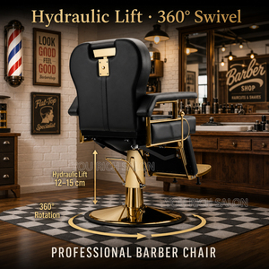Sillón de Barbería Hidráulico Negro Dorado, Silla de Salón para Hombre con Respaldo Ergonómico y Base Cromada Giratoria 360° °   Sillón de Peluquería Giratorio y Reclinable - Product Image 5