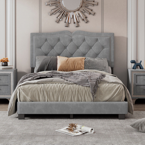 Full <b>Size</b> Upholstered <b>Bed</b> Frame with Rivet Design, Modern Velvet Platform <b>Bed</b> with Tufted Headboard Gray for Bedroom - Product Image 2
