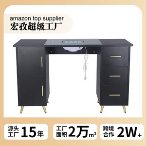 Mesa de Manicura Negra de Diseño Minimalista con Superficie de Vidrio y Colector de Polvo, Estación Profesional para Uñas - Product Image 3