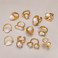 Bague ouverte asymétrique minimaliste en acier inoxydable plaqué or 18 carats avec perle Alien Locke
