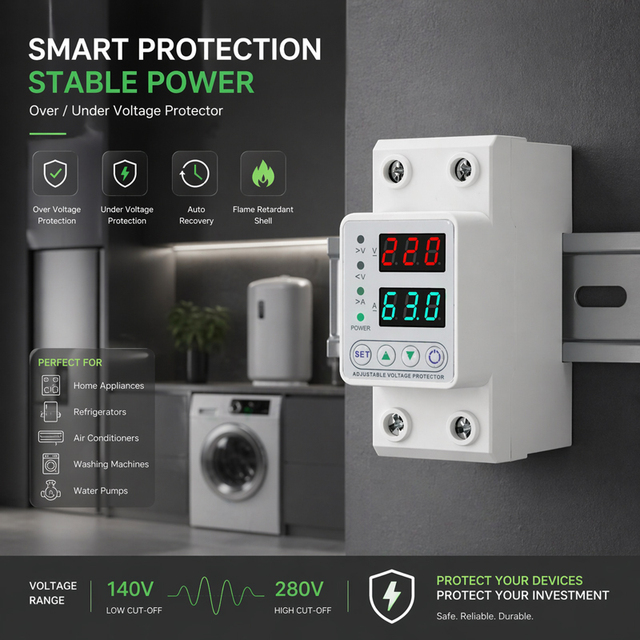 40A/63A Automatic Reconnect Adjustable Voltage Protector 110V, 1KVA Regulator 220V, with Self-Resettable Function