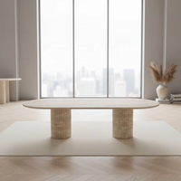 Table à manger ronde en marbre travertin naturel, piétement cylindrique unique, style Wabi, mobilier de salle à manger, maison de rêve