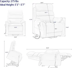 Silla reclinable CJSmart Home Lift para personas de baja estatura, sofá de elevación eléctrica plana con ajuste de posición infinita y bolsillo lateral