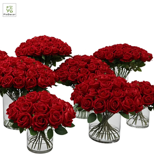 Nouvelle Composition <span class=keywords><strong>Florale</strong></span> Personnalisée <span class=keywords><strong>de</strong></span> Roses Rouges Artificielles en Soie Velours <span class=keywords><strong>de</strong></span> Qualité Supérieure avec Vase Cylindrique et Réservoir d'<span class=keywords><strong>Eau</strong></span> en Résine - Product Image 5