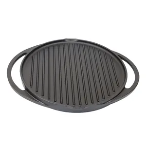 BBQ outdoor camping kitchen cooking pan round grillplatte big handle plate cast iron reversible griddle plate