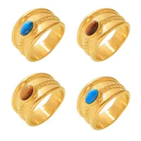 18K Vergoldeter Retro Strukturierter Breiter Ring mit Eingelegtem Ovalem Türkis und Tigerauge, Edelstahl Modeschmuck Ring