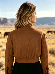 Women Retro <b>Western</b> Fringe Decor Stand Collar Zip Up Cropped <b>Jacket</b> Fashion Long Sleeve Slim Fit Short Moto Coat Streetwear Ladi - Product Image 3