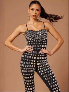 Tute aderenti Sexy da festa per celebrità da sera con perline da donna di fabbrica - Product Image 3