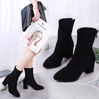 Bottes d'hiver mi-mollet pour femme, à bout pointu, talon épais, chaudes, en PU, noires, tendance, rehaussantes