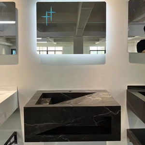 ชุดโต๊ะเครื่องแป้งในห้องน้ำแผ่นพื้นหินแบบบูรณาการสีดำฟ้าผ่าดีไซน์กระจก LED อ่างล้างมือในห้องน้ำสุดหรู - Product Image 1