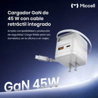 Chargeur rapide Miccell 45 W GaN avec câble USB-C rétractable et double sortie, adaptateur universel pour les voyageurs.