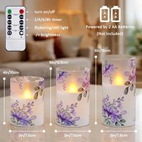 Lot de 3 bougies pilier sans flamme à minuterie, 3" x 4" x 5" x 6", LED à piles, fleurs violettes, verre, lumière chaude, Diwali
