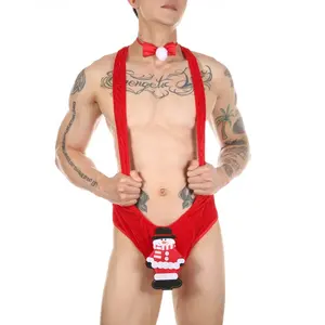 Kırmızı erkek festivali Cosplay kostüm derin U kadife Bodysuit bebek Bulge kılıfı noel tulum ayarlanabilir papyon