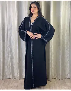 Abaya pakaian Islami Hijab Muslim Timur Tengah buatan tangan manik-manik High-end khusus kardigan hitam jubah Arab Abaya