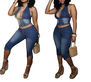 2025 nouveau bleu mode Stretch Denim deux pièces ensembles femmes fermeture éclair sans manches haut court et Shorts tenues - Product Image 3