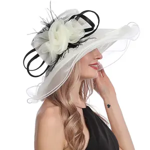Senhoras brancas Cavalo de Corridas de casamento Kentucky Derby aba larga chapéu de Organza Vestido de Festa Ocasião barato chapéus igreja para as mulheres