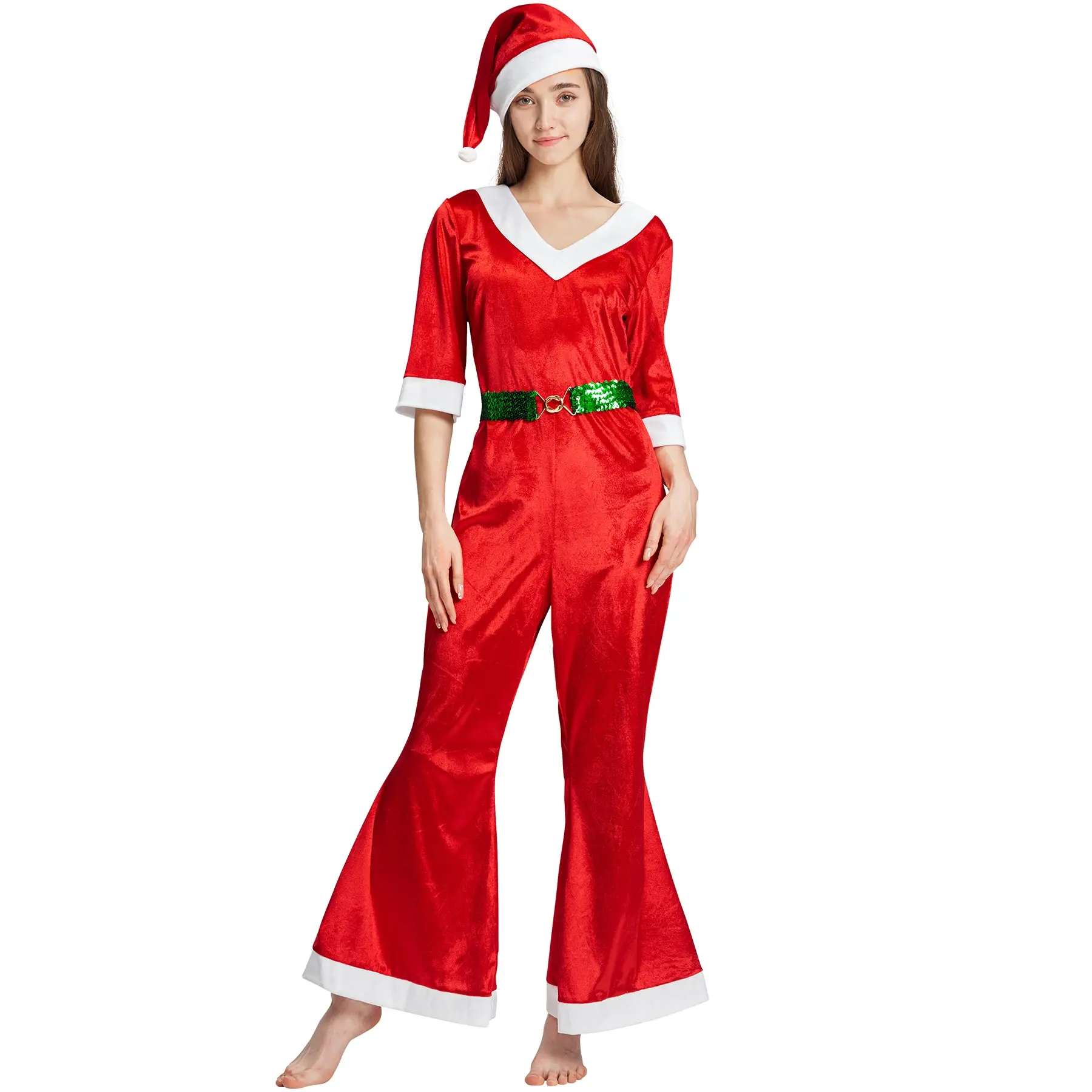 زي عيد الميلاد للسيدات، بدلة الكريسماس بقصة عنق على شكل حرف V مع حزام قبعة طقم 3 قطع ملابس تنكرية واسعة من الفرو بدلة سانتا كلوز حمراء اللون