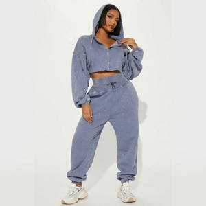 Women's Winter Hooded Tracksuits <b>Cropped</b> <b>Zip</b> <b>Up</b> Set Customizable Regular Fit Distressed Acid Wash Solid 100% Cotton Jogger - Product Image 1