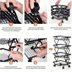 Modern Supermarket Kitchen Fruit Bowl Basket Food Vegetables Storage Basket Holder <b>Folding</b> Cart Trolley Display Rack With Wheels - Product Image 4