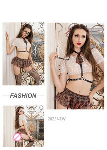 Conjunto Erótico de Top, Falda y Lazo, Lencería Sexy para Juego de Roles de Colegiala, para Adolescentes, Transpirable, Ecológico, Poliamida/Elastano con Aberturas - Product Image 3
