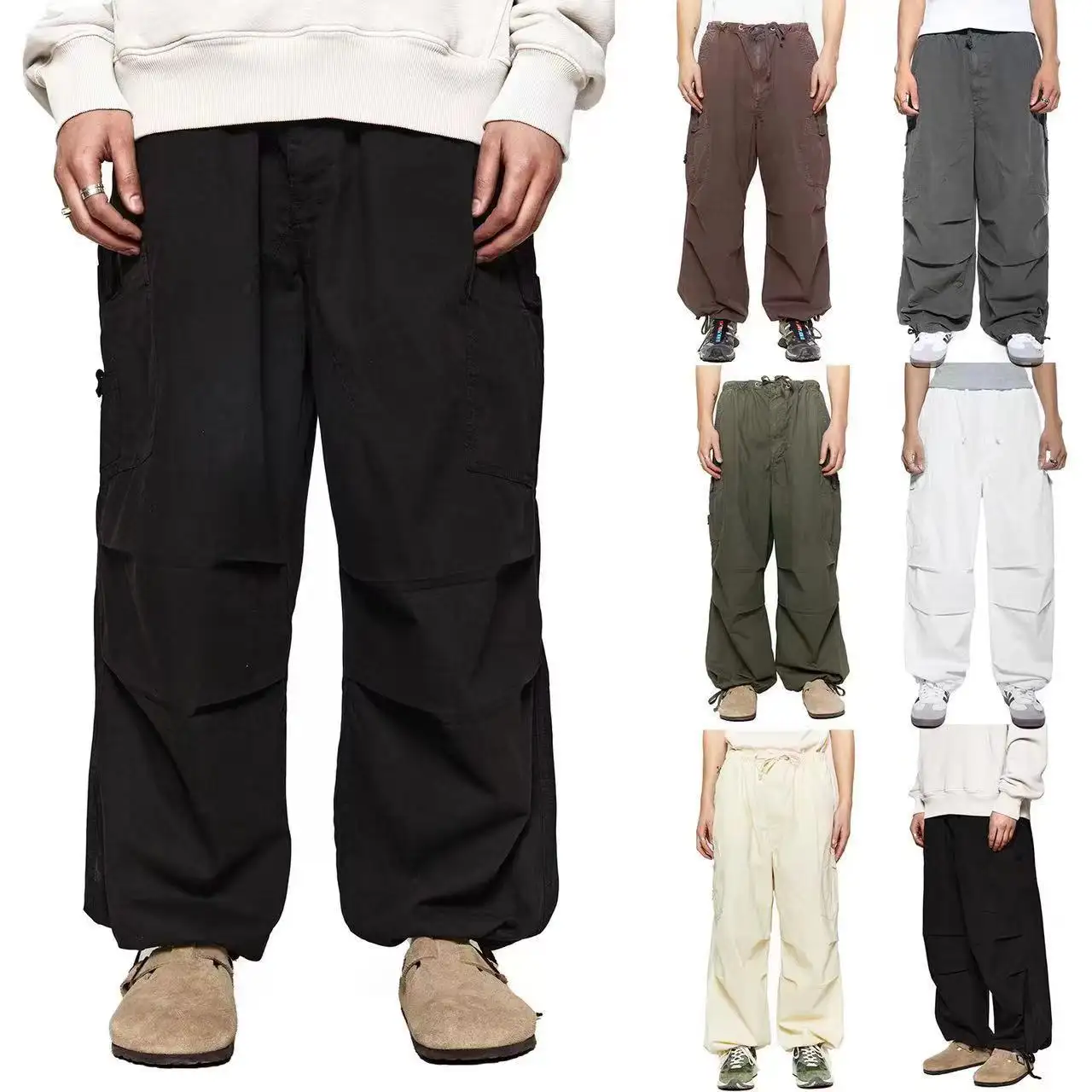 2022 Streetwear Cotton Linen Cargo Parachute Pants for Men Drawstring Loose Fit Oversize Baggy Trouser Cargo Parachute Pants Men