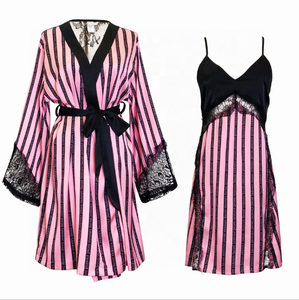 Femme Satin Sexy <span class=keywords><strong>Robe</strong></span> De Nuit Lace Women Robes Pink and Black Letter Dames 2 piezas de manga larga a rayas batas de baño - Product Image 3