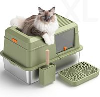 Bac à litière pour chat en acier inoxydable anti-fuite d'urine, extra large, à parois hautes, avec pelle incluse