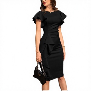 Vestido Midi Vintage para Mujer con Volantes en las Mangas, Estilo Lápiz, para Fiesta, Color Liso, Otoño, Casual, Transpirable, Ecológico, Natural, Lavable - Product Image 3