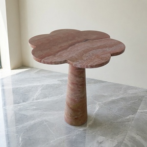 Tavolino Laterale Moderno in Marmo Travertino Rosso, Consolle in Pietra Naturale per Soggiorno con Pannello in Bambù, Arredamento per la Casa - Product Image 1
