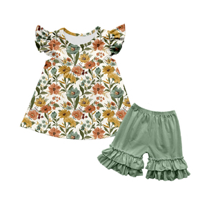 Ensemble 2 pièces pour filles en soie de lait : haut imprimé à manches volantées + short à volants - Product Image 2
