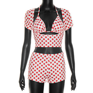Viviblook J26ST108 Women Summer <b>Set</b> Sexy Polka Dot Printed Strap Bra Short Sleeve Crop Top Elastic Shorts Casual 3 Piece <b>Set</b> - Product Image 4