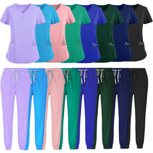 Women's Scrub Set Short Sleeve Knitted Two Piece Uniforms For Medical Dental Beauty Salon Workwear - Product Image 1